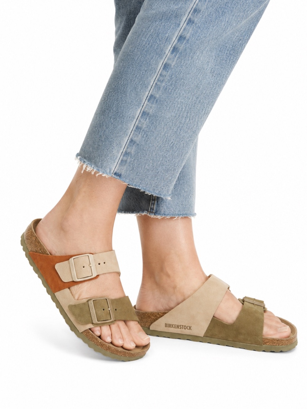 Birkenstock Arizona Split Nubuck Colorblock Sandals Ecru Roast Matcha 36 Narrow